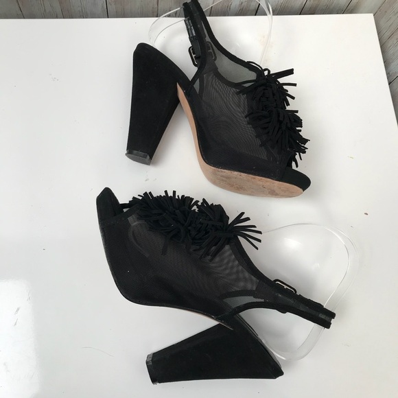 Reed Evins sz 6 black suede fringe Pom Pom heels - Picture 5 of 9